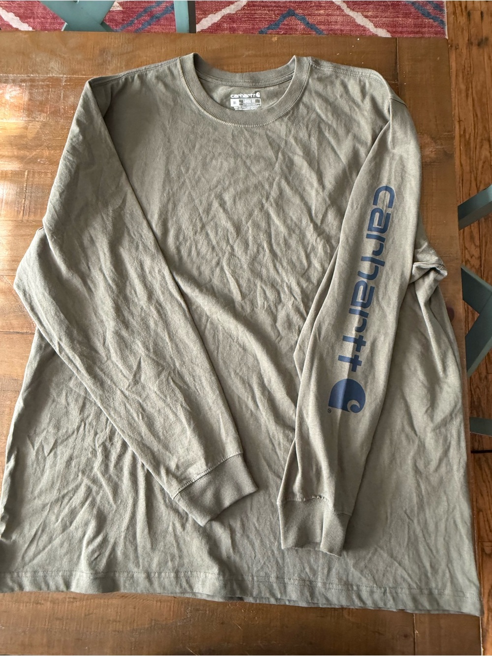 Carhartt Long-Sleeve Logo Tee in Olive Green with Navy Print